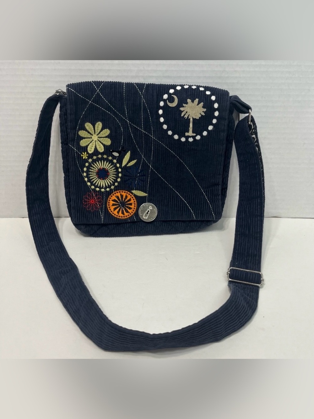 ROLE REVERSAL Bohemian BOHO corduroy Embroidered bird crossbody purse navy blue